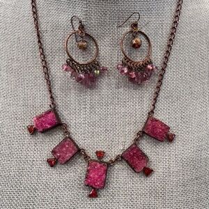 Gorgeous pink agate durzy with orange red fire faceted stones copper necklace